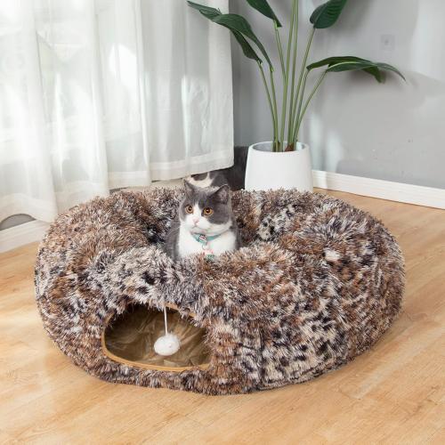 LUCKITTY Warm Fluffy Plush Cat Tunnel Bed with Washable Cushion- Big Tube Playground Toys 3 FT Diameter Collapsible, for Indoor Cat Kitty Kitten Puppy Rabbit Ferret Leopard Print