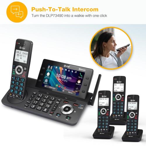 AT&T 4-Handset DECT 6.0 Cordless Home and Business Phone with Answering Machine, 5 Color Display, One-Touch Shortcut, Conference, Intercom, Smart Call Blocker, Bluetooth Connect to Cell: DLP73490