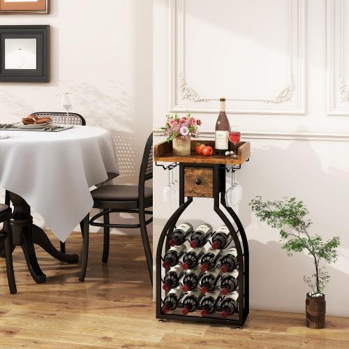 IBUYKE Wine Rack Freestanding Floor,Wine Storage 15 Bottles Bottle Rack with Glass Holders, Mini Bar Wine Cabinet with Storage Drawer for Home Bar Kitchen Dining Room,Rustic Brown,UTMJ908H