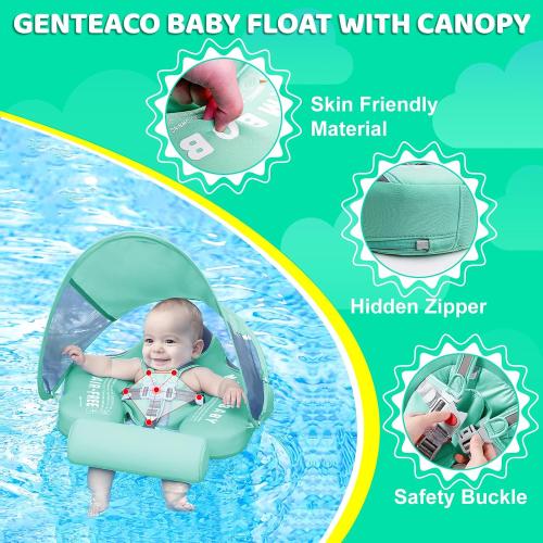 Mambobaby Baby Swim Float with Canopy & Tail Infant Pool Float Non-Inflatable Toddler Swim Float with Skin-Friendly Material for 3-24 Months Baby Boys Grils Elephant Green