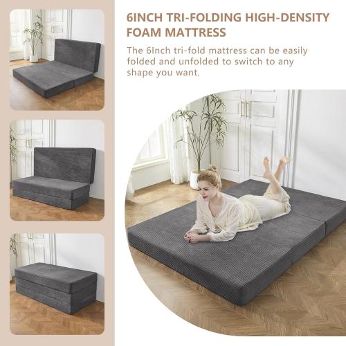 BYBYME Corduroy Tri-Folding Mattress, 6 Inch Gel Folding Mattress Topper, Foldable Soft Guest Bed Camping Pad, Washable Cover (Dark Gray, Full)