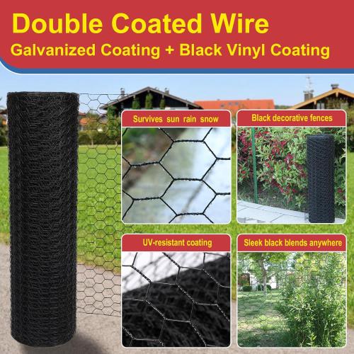 Black 19GA Chicken Wire 24inx150ft, Chicken Wire Fencing, Garden Fence, Metal Poultry Wire Netting, Galvanized PVC Coated Mesh for Animal/Rabbit/Floral/Chicken Coop/DIY Projects.