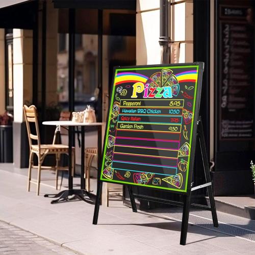 Standing A-Frame LED Message Writing Board 32 x 24, Neon Menu Sign with Adjustable Height, Outdoor Menu Display Board with 8 Colors Markers and Remote Control, DIY Message Light Board