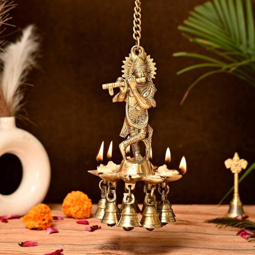LOVENSPIRE Brass Krishna Wall Hanging Diya with Bells & Chain Krishna Hanging Idol Oil Lamp Home Temple Mandir Office Diwali Decor Kathu Vilakku Puja Diyas - Deepawali Housewarming Return Gifts