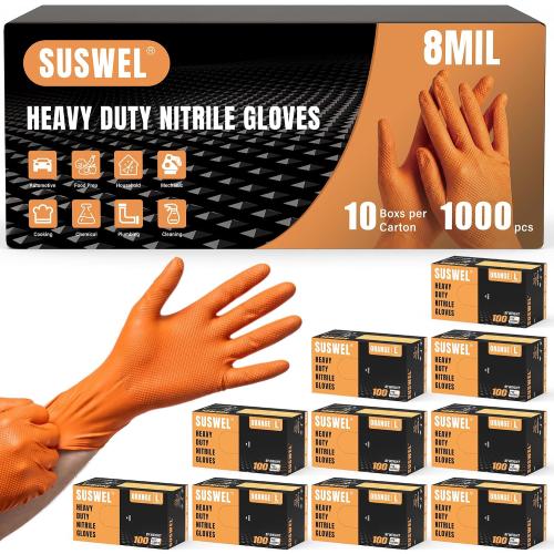 HEAVY DUTY 8 Mil Orange Nitrile Gloves, Diamond Textured Disposable Industrial Mechanic Rubber Gloves 1000PCs