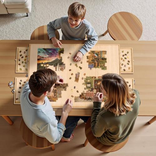 TEAKMAMA 27.6 H Tall 2000 Piece Puzzle Table with Legs, 41 W x 28.5 D Large Wood Folding Jigsaw Puzzle Board with Cover for Adults, 4 Drawers, Nature