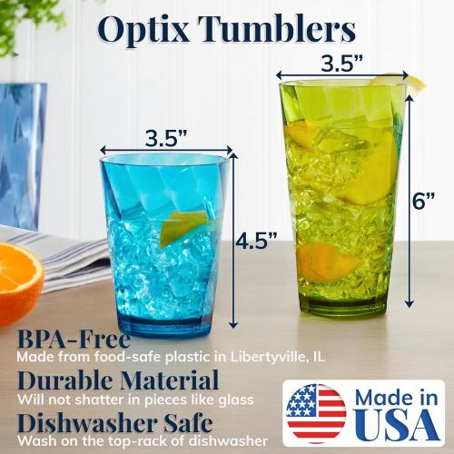 US Acrylic Optix Plastic Reusable Drinking Glasses (Set of 16) 14oz Rocks & 20oz Water Cups in Jewel Tone Colors | BPA-Free Tumblers, Made in USA | Top-Rack Dishwasher Safe