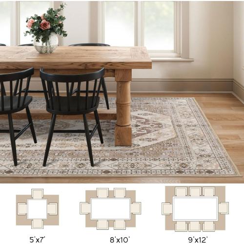 Rineflo-9'x12' Area Rugs,Machine Washable Rug for Living Room Dinner Room Bedroom,Bohemian Style Soft Non Slip Rug Carpet,Oriental Vintage Low Pile Large Area Rug(Brown, 9'x12')