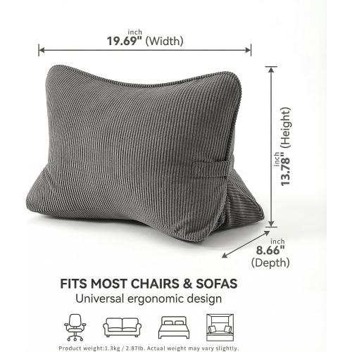 Pat. Pend. Corduroy Lumbar Support Backrest Pillow for Sitting & Reading, Ergonomic Triangle Cushion for Sofa, Armchair & Bed, Removable Cover, Dark Grey