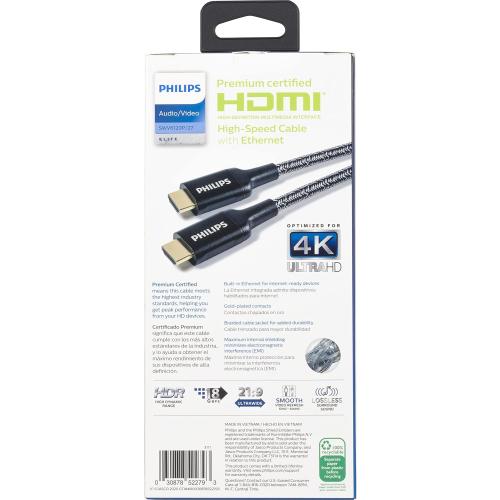 Philips Premium Certified HDMI Cable, 4 ft. 1080p 120Hz 4K 60Hz, 18Gbps Ethernet HDMI 2.0, Gold Connectors, Braided Cable, for TV, Monitor, Laptop, PS4, PS5, Xbox One X S, SWV6120P/27