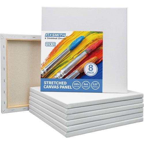 Size 12x12 Pack of 8 FIXSMITH Stretched White Blank Canvas- 12x12 Inch,Bulk Pack of 8,Primed,100% Cotton,5/8 Inch Profile of Super Value Pack for Acrylics,Oils & Other Painting Media