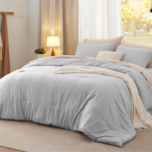 Bedsure Queen Comforter Set, Light Grey Soft Prewashed Bedding for All Seasons, 3 Pieces GentleSoft™ Bed Set, 1 Lightweight Comforter (90x90) and 2 Pillowcases (20x26)