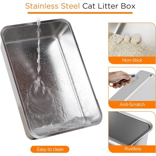 Anywish Stainless Steel Cat Litter Box with Lid, XL Extra Large Enclosed Removable Metal Litter Box with Litter Scoop&Double Layer Litter Mat, Non-Sticky, Non-Odor, Easy Cleaning, for Big Cats, Black
