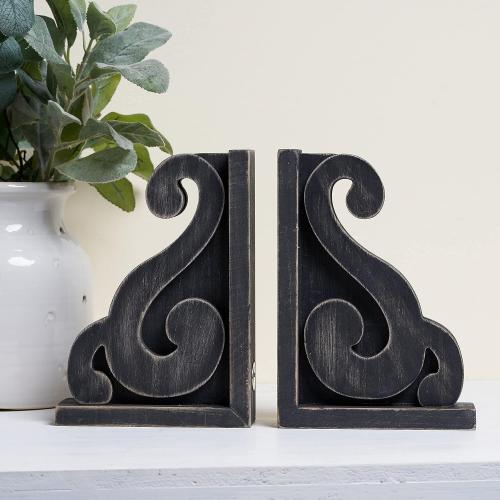 GENMOUS Rustic Distressed Vintage Scroll Corbel Bookends,Farmhouse Black Wood Decorative Bookends,Rustic Corbels Shelf Brackets,Shabby Chic Vintage Book Ends,Home Decoration and Gift,Set of 2.