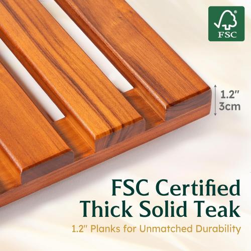 Teak Bath Mat 32x18 Extra Large - Solid Wood Shower Mat for Bathroom, Spa & Outdoor Use - Non-Slip Fast-Drying Design - Natural Teak Wood - Wide Slat Floor Mat for Tub & Pool