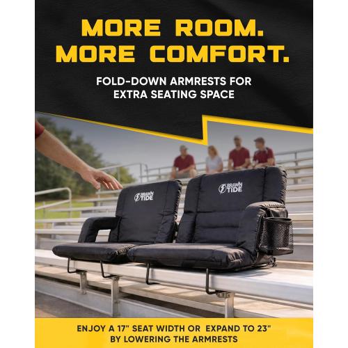BRAWNTIDE Stadium Seat for Bleachers with Back Support - Wide Padded Reclining Bleacher Seat, Portable Folding Stadium Chair with Armrests, Hooks, Straps, Cup Holders & Pockets (Black, 23)