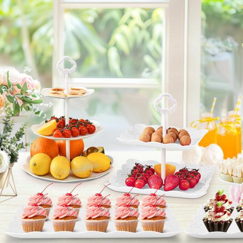 9Pcs Cupcake Stand White Plastic Cake Stand Dessert Table Stands Set 3Tier 2Tiered Cupcake Tower Stand Treat Display Holder Cookie Candy Serving Tray Dessert Trays for Wedding Baby Shower Tea Party