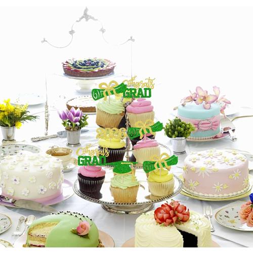 24 Pack Congrats 2026 Graduation Cupcake Toppers Glitter Grad Cap Diploma 2026 Senior Cake Pick for Class of 2026 Theme Party Cupcake Decoration Supplies Blue Green