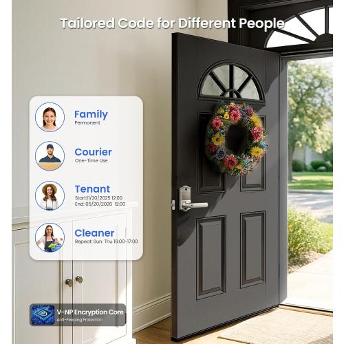 Veise VE019 Fingerprint Smart Lever Lock - APP Control, Keypad Door Lock with Handle, Keyless Entry for Front Door and Bedroom, Electronic Digital Knob, Remote Grant, IP55 Weatherproof, Satin Nickel