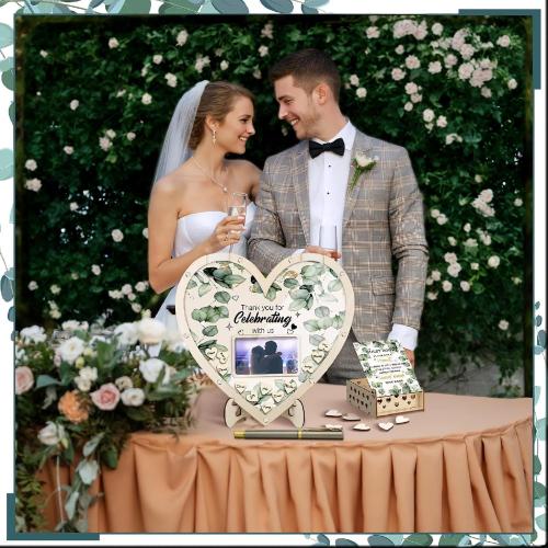 Wooden Wedding Guest Book Alternative with 63 Wood Hearts Chips, Drop Box and Pen Eucalyptus Leaves Theme Heart Picture Frame for Wedding Love Anniversary Ceremony Guestbook (Wood)