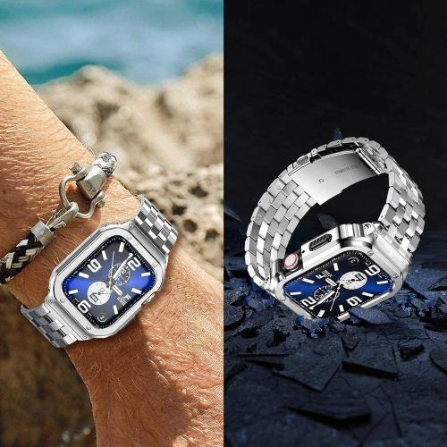 SUPLINK Stainless Steel Case and Band Compatible with 45mm Apple Watch Bands for Men, Metal Rugged Protective Bumper for iWatch Apple Watch Series 9 8 7 Band, Silver