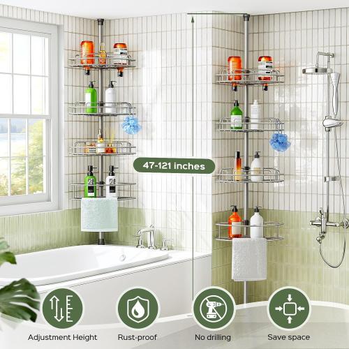 HAMITOR Corner Shower Caddy Tension Pole: 4-Tier Rust-Resistant Adjustable Bathroom Organizer Shelves - 47-121 Inch No-Drill Quick Installation - Space-Saving Storage for Renters Family -