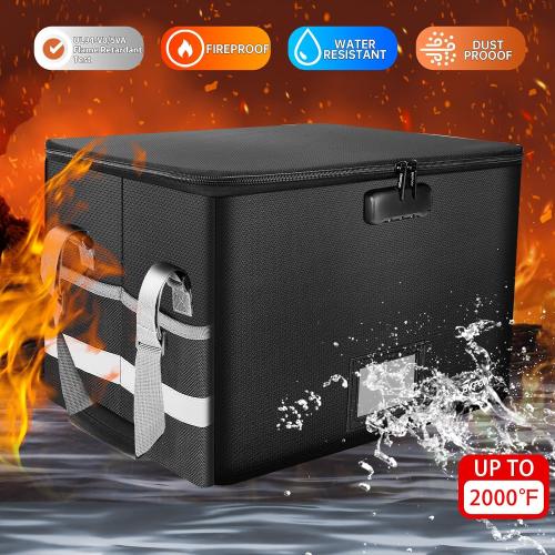 ENGPOW File Box with Lock,Fireproof Document Box with Zipper＆Pockets,Collapsible File Organizer Filing Storage Cabinet with Handle,Portable Home Office Safe for Hanging Letter/Legal Folder,Black