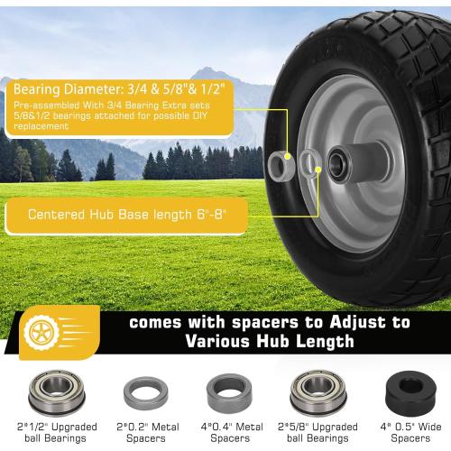 11x6.00-5 Flat Free Tire,2 Pack Tires for Zero Turn Mower With 3/4 & 5/8 & 1/2 Bearing,6-8 Centered Hub,11x6.00-5 Lawn Mower Tires with Bearing,Load 400lbs