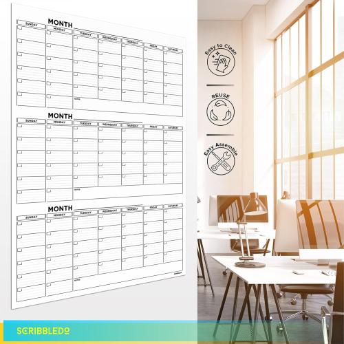 Large 36x48 Quarterly White Board Calendar Dry Erase Calendar for Wall 3 Month Big Dry Erase Wall Calendar Monthly Dry Erase Board Planner Includes 6 Markers Eraser Push Pins & Mounting Tape