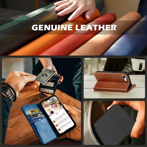 SHIELDON Real Leather Wallet Case for iPhone 17e/16e 6.1, Sapphire Blue