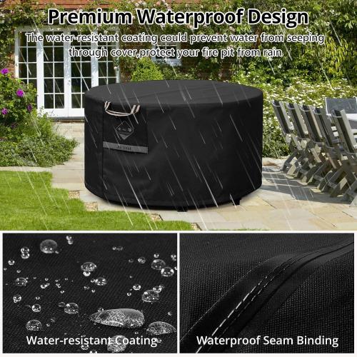 QH.HOME Fire Pit Cover Round Super Waterproof, 28 D X 16 H Outdoor Round Firepit Cover 600D Strong Tear Resistant, UPF 50  Fire Pit Covers Premium Fading Resistant for Outdoor Fire Pit - Black