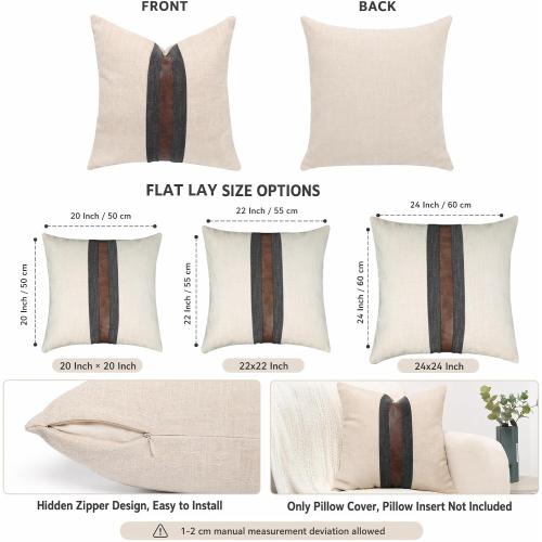 Set of 2 Leather Throw Pillow Covers Cotton Linen Decor Patchwork Pillow Cover Faux Leather Pillows Cover for Couch Sofa Living Room Bedroom,Beige 24x24