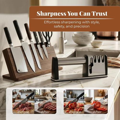 4-in-1 Manual Knife & Scissor Sharpener — 4-Stage Sharpening System with Cut-Resistant Glove | Restores Dull Blades Fast | Non-Slip Base | Silver | Large, 1 Pc