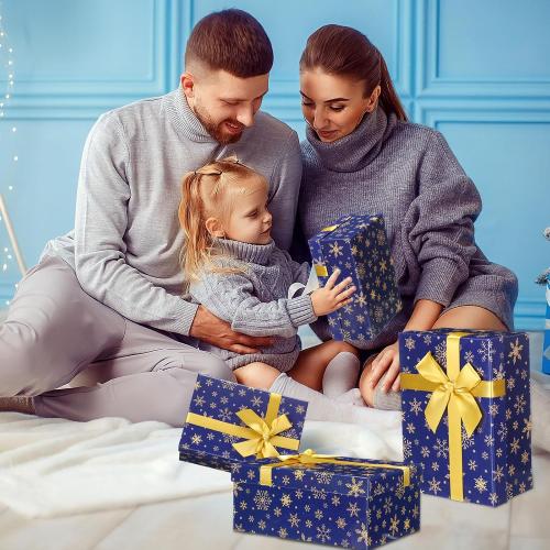 Zhanmai 4 Pcs Winter Nesting Gift Boxes Snowflake Boxes Hard Stackable Boxes with Lids Decorative Winter Nested Present Boxes for Birthday Party Gift Supplies(Blue and Gold,Snowflake)