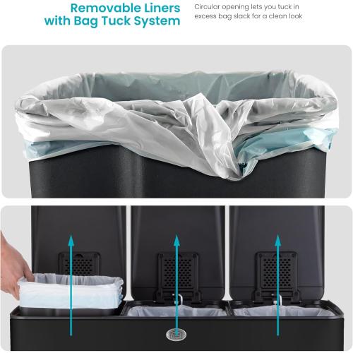Home Zone Living 24 Gallon Kitchen Trash Can with Three Removable Compartments for Recycling and Trash, Stainless Steel, Black, 8 Gallons Each