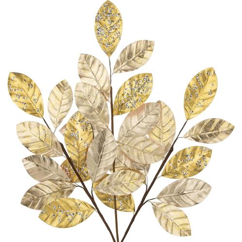 Hollyone 23.6” Christmas Tree Picks and Sprays 3Pcs Champagne Artificial Magnolia Stems Magnolia Leaves Branches Fake Gold Leaf Floral for Vase DIY Xmas Tree Garland Wreath Centerpieces Wedding Decor