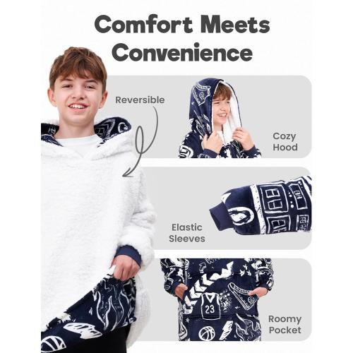 Size ONE FITS ALL  Sports Blanket Hoodie Men & Kids, Oversized Wearable Blanket Kids, Teens, Adults, Soccer & Basketball Hoodie Blanket for Boys