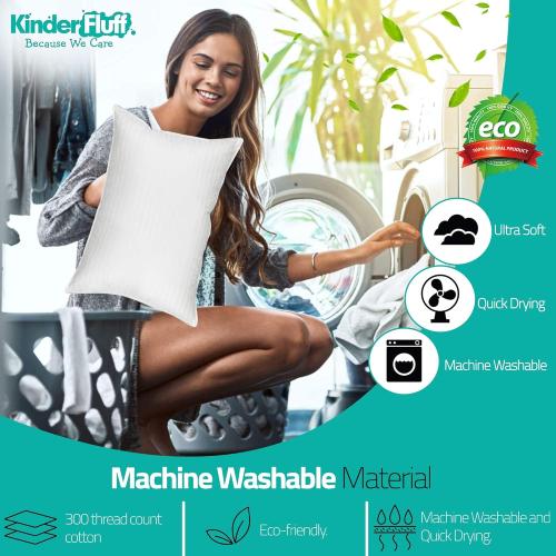 kinder Fluff Toddler Pillows (2pk) - The only Pillow for Kids 300T Cotton Shell & Down Alternative Fill - Machine Washable, Ideal Cushion for Kids Above 2 Years (13x18in - White)