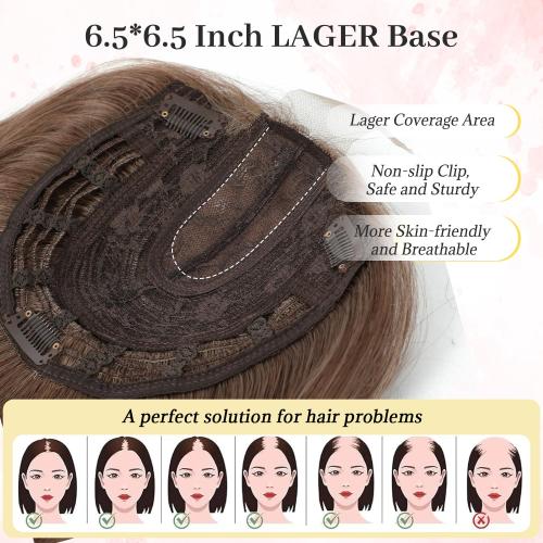 Ms Taj 12 Inch Hair Topper for Women with Thinning Hair, 6.5x6.5 Large Base Synthetic Hair Topper with Bangs, Ladies-Dark Golden Brown with Highlights
