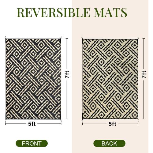 OPPODREAM Outdoor Rug 5x7, Plastic Straw Rug for Patio, Beige & Black | Reversible Checkered, Waterproof Carpet for Balcony, Porch, Backyard, Deck, Camping, RV