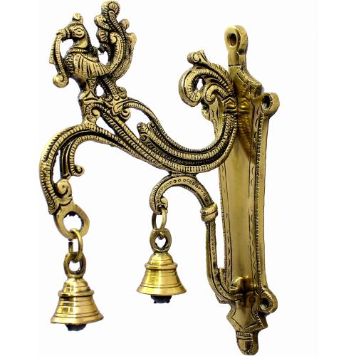 eSplanade Brass Wall Bracket Wall Hanger for Hanging Diya Lamp | Wall Decor | Peacock with Bells - 8.5 Inches