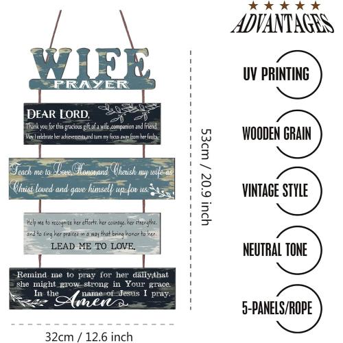 Prayer for Wife Rustic Wall Sign with 5pcs Panels Strung Together - Christian Religious Farmhouse Hallway Family Decor - Sweet Warming Gifts for Women,Couples