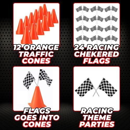 Bedwina Race Car Birthday Party Decorations - (36 Pcs) 12 - 8-Inch Orange Mini Cones for Kids & 24 Black & White Checkered Flags on Sticks - Race Car Themed Birthday Party Decor & Centerpiece Supplies
