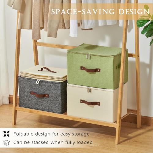 Storage Bins with Zipper Lid Cotton Linen Fabric Lidded Storage Baskets Boxes Foldable Washable Closet Shelf Clothes Organizer Container with PU Leather Handles (Black, Small Size)