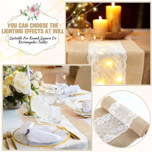 Xinnun 6 Pack Burlap Table Runner with LED String Lights, Modern Rustic Lace Natural Vintage Boho Jute Wedding Table Decor for Farmhouse Thanksgiving Christmas(Thanksgiving Harvest Style,12x70 Inches)