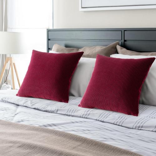 YCOLL Wine Red Pillow Covers 18x18 Set of 2 Velvet Striped Pattern - Soft Throw Pillows for Home Decor, Luxury Decorative Pillow Covers for Couch, Bed,Living Room