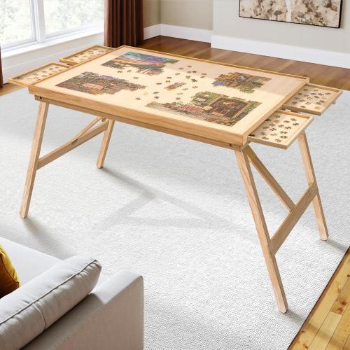 TEAKMAMA 27.6 H Tall 2000 Piece Puzzle Table with Legs, 41 W x 28.5 D Large Wood Folding Jigsaw Puzzle Board with Cover for Adults, 4 Drawers, Nature