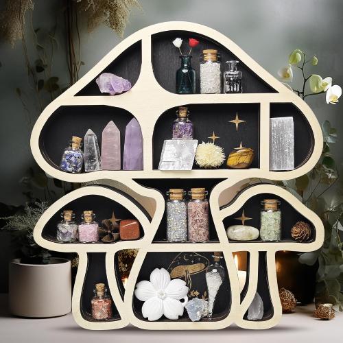 Mushroom Decor Floating Shelves, Crystal Display Shelf for Wall, Cute Whimsy Mushroom Wall Decor, Rock Gem Stone Organizer, Essential Oil Holder Hanging Case, Meditation Art Spiritual Gift