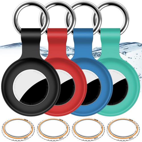 4Pack,Compatible with Airtag Holder Case with Keychain IPX8 Waterproof,Shockproof GPS Tag Tracker Cover [Anti-Scratch] [PC Silicone] for Item Finders Case for Pets,Kids,Luggages-Black/Blue/Green/Red