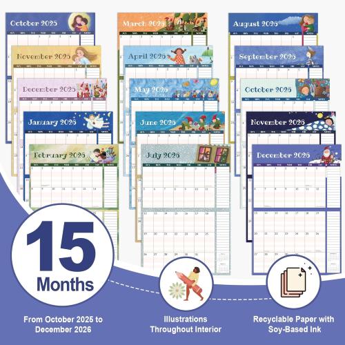 SUNEE Family Wall Calendar 2026 Magnetic Fridge Calendar 15 Months, Oct. 2025 to Dec. 2026, Moms Calendar 2025-2026 Wall Calendar, Family Organizer Sticks to Refrigerator - over 300 Stickers